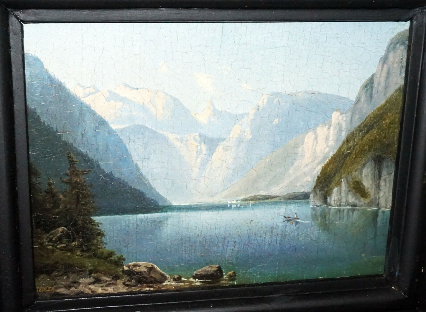 1876 German Oil Painting "Königssee & Alps" by Bernhard Fiedler (1816-1904)(***)