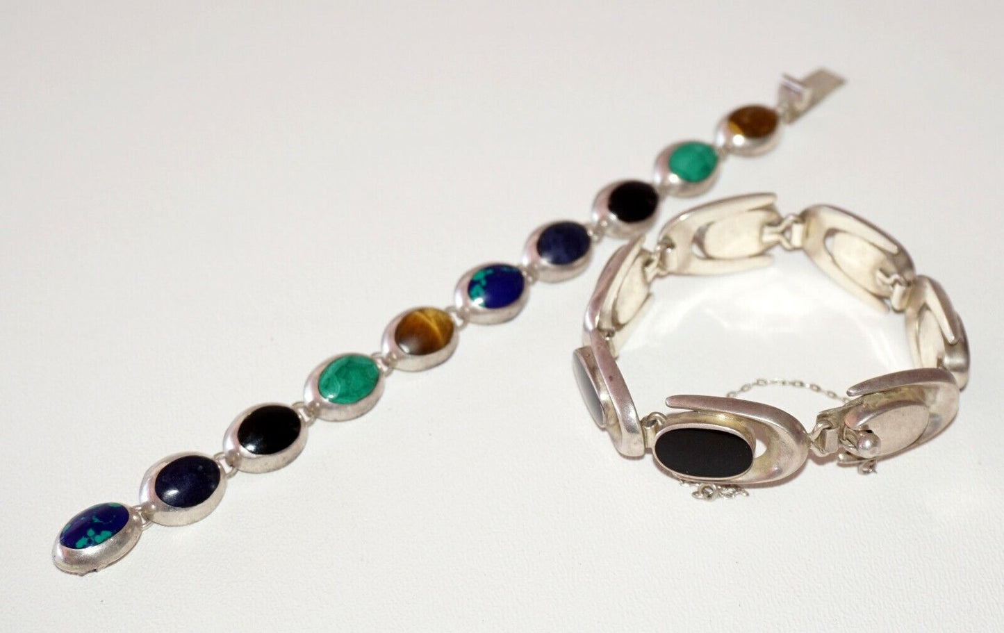 2Pc Modernist Sterling Silver Bracelets Onyx Turquoise Lapis Tigereye (NoN)B20