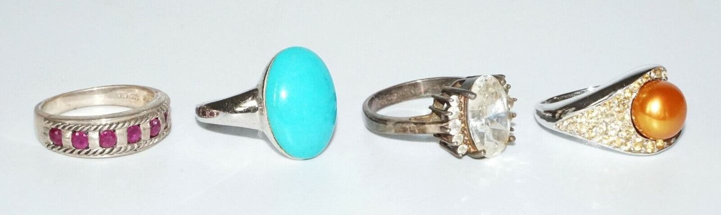 4x Vintage Sterling Silver Rings Sz.8 w. Pearl, Turquoise, Rubies & Cz (SaR)#425