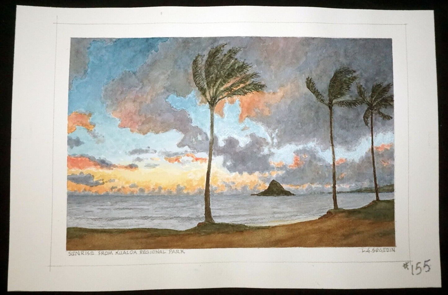 Hawaii Watercolor Painting "Sunrise from Kualoa Regional Park" L. Segedin #155