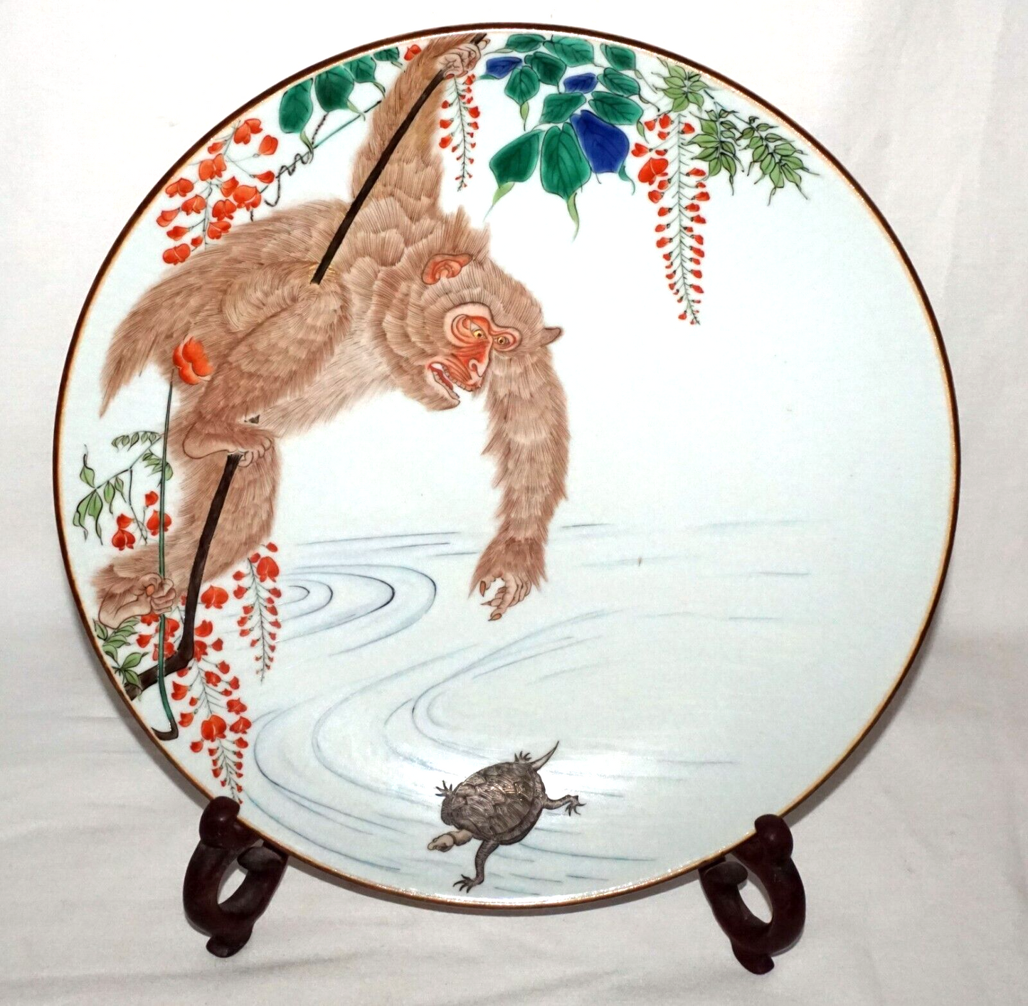 Japanese Meiji Kutani Ware Large Porcelain Plate w Monkey & Hairy Tortoise (FeH)