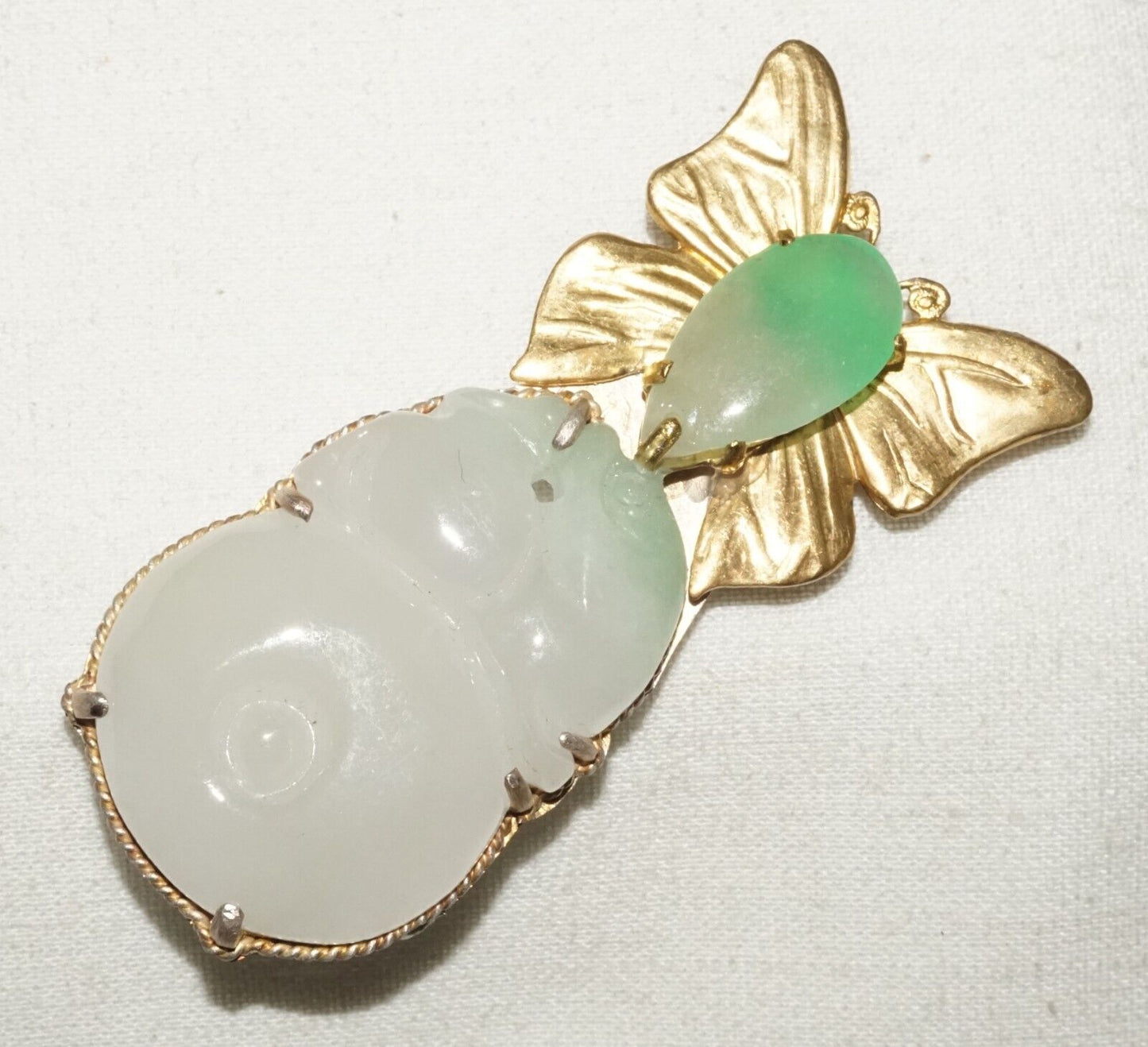 Vintage Chinese Fashion Jadeite Jade Butterfly Motif Brooch Pendant (LeP)