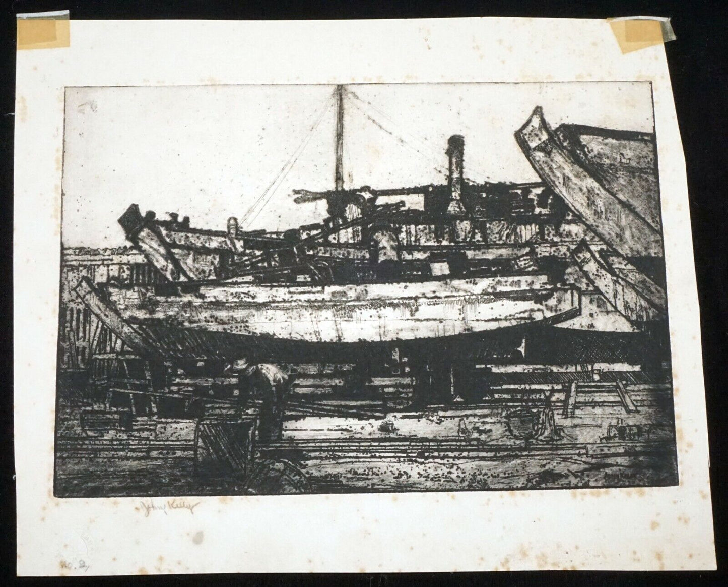 30s Hawaii Etching Print Dry Dock Boats by John Melville Kelly (1879-1962)(Kel)