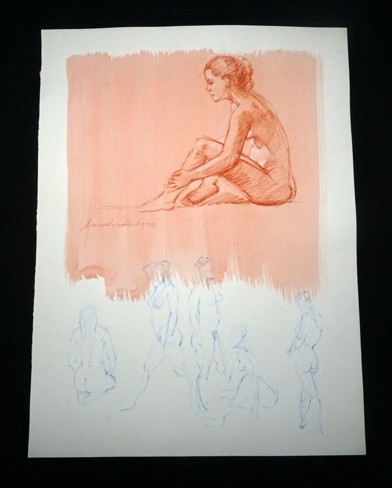 Hawaii Mixed Media Wash Painting Seated Female Nude Snowden Hodges (Sho)#113