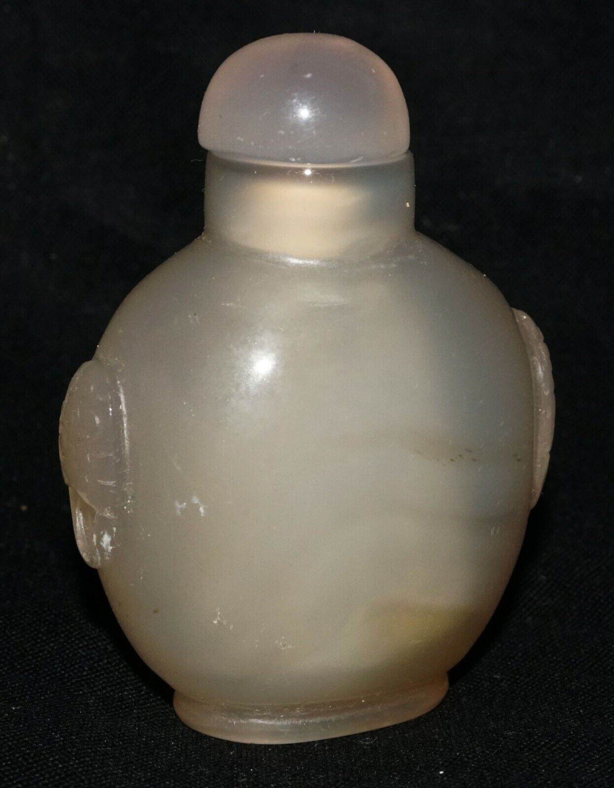 Vintage Chinese Agate Carved Snuff Bottle w. Mask Handles & Stopper (LeS) G2