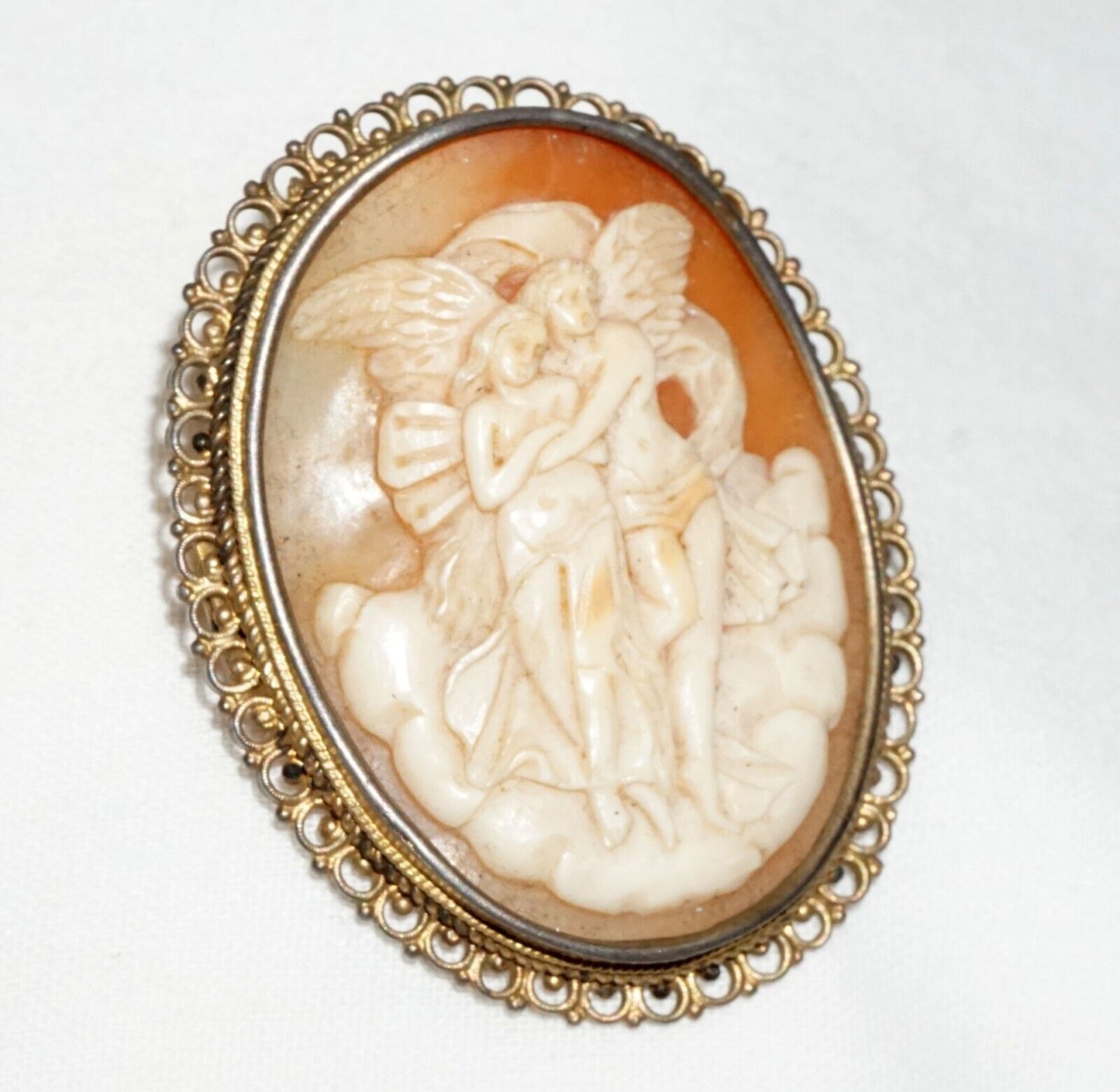 Vintage Unmarked Metal Scroll Design Brooch Shell Cameo w Angel Motif (BiB)
