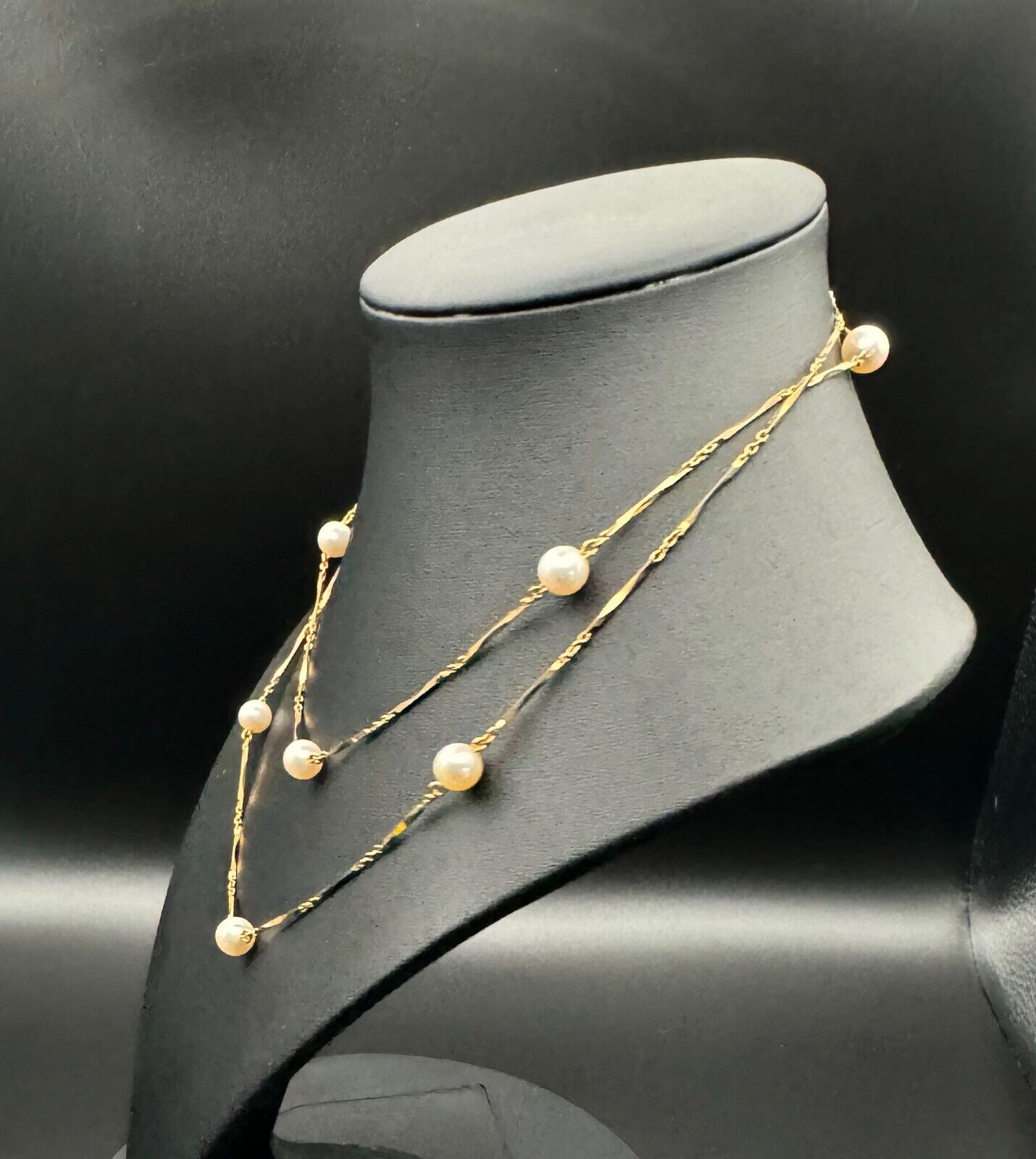 18k Yellow Gold & Bar & Bead Pearl Necklace 31" w Spring Ring Clasp (MeK)