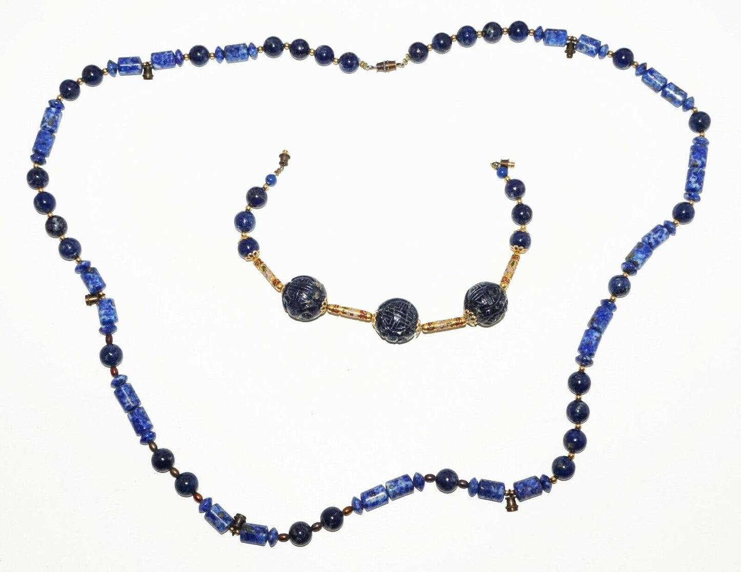 Chinese Lapis Lazuli Bead Necklace & Bracelet w. Plain & Carved Beads (HaY)#19