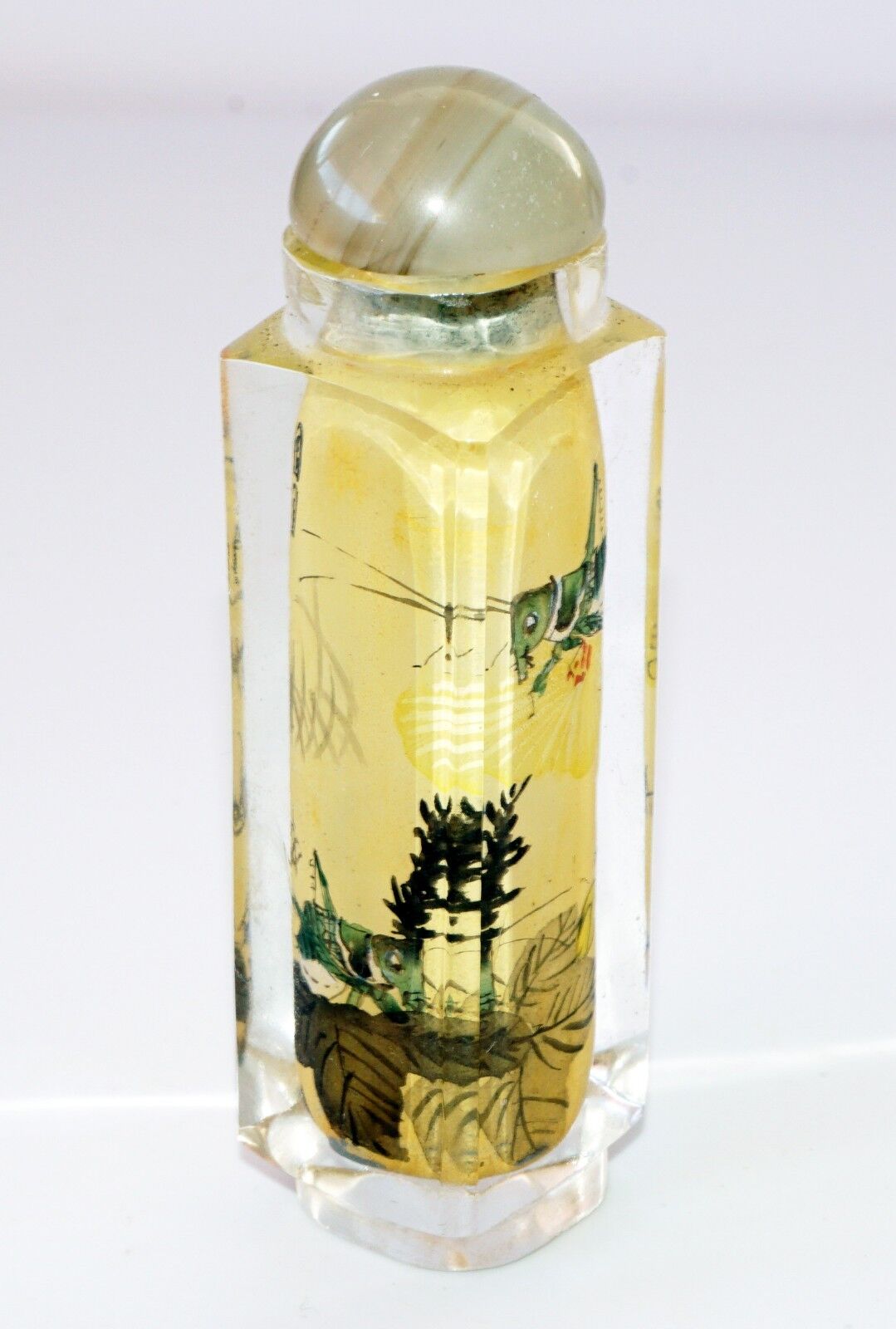 20C Chinese Square Inside Painted Glass Snuff Bottle w. Hard-stone Stop (Pal)
