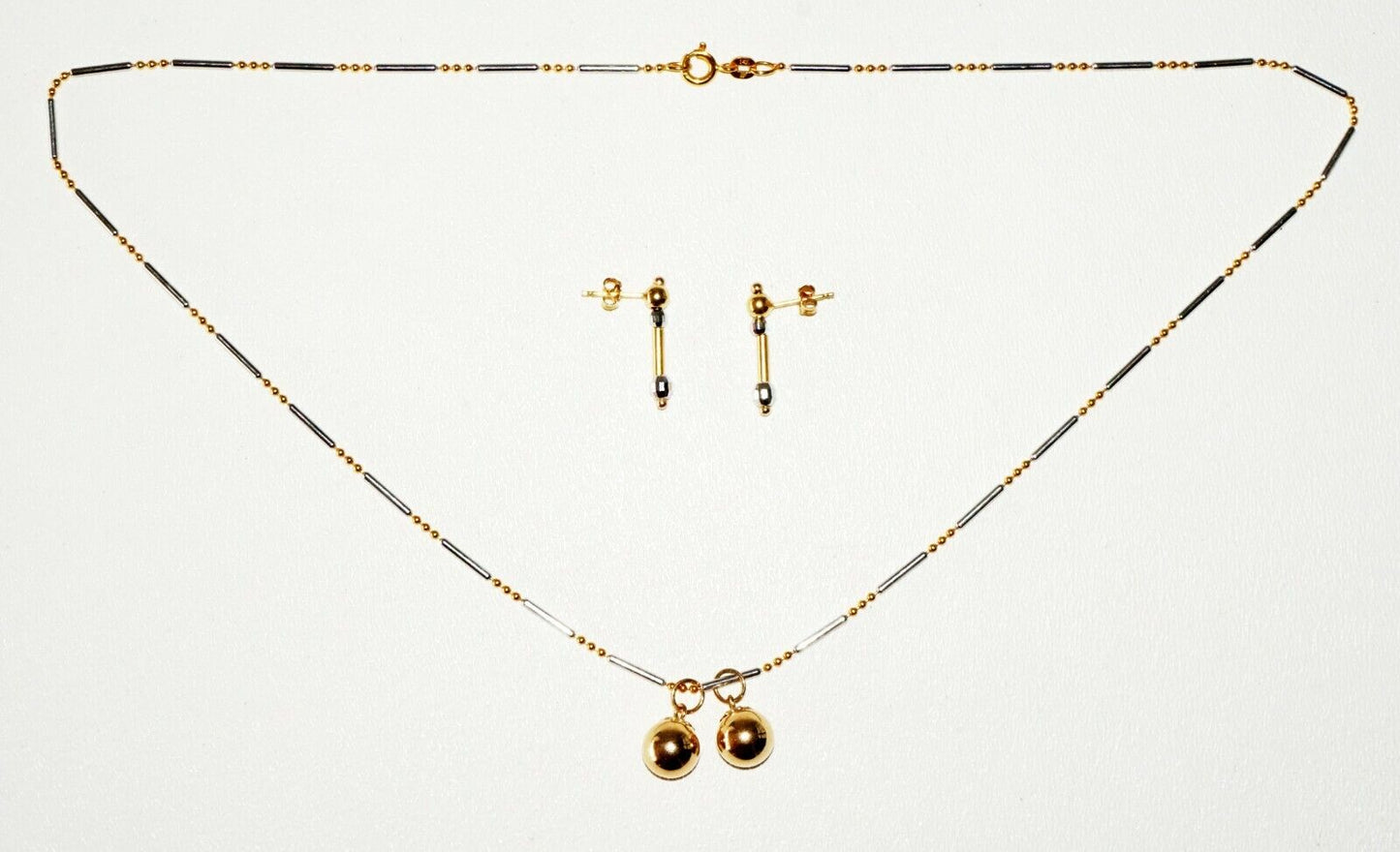 3Pc Vintage Italy 14K Yellow & White Gold Bead Necklace & Earrings Set (SaR)#188
