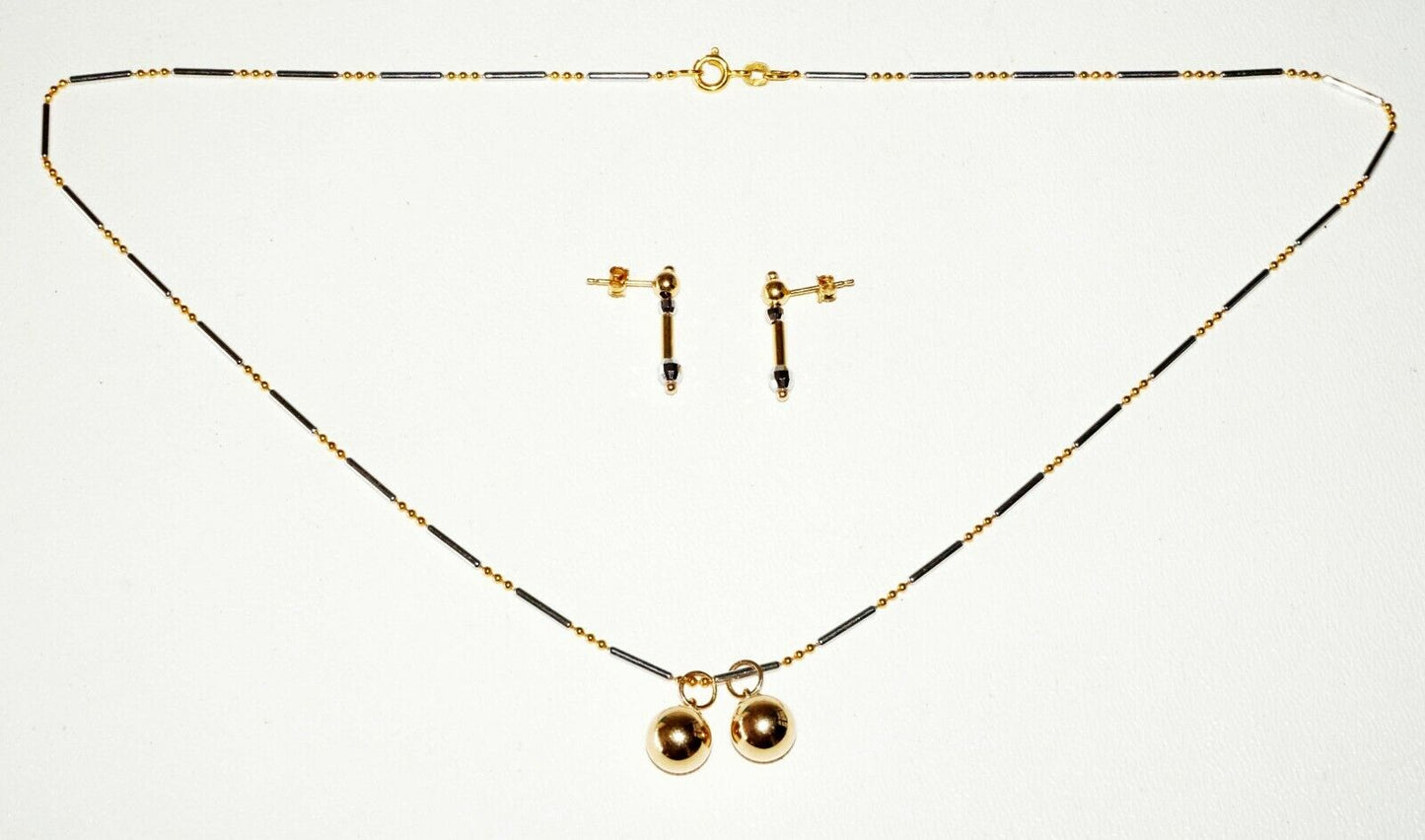 3Pc Vintage Italy 14K Yellow & White Gold Bead Necklace & Earrings Set (SaR)#188