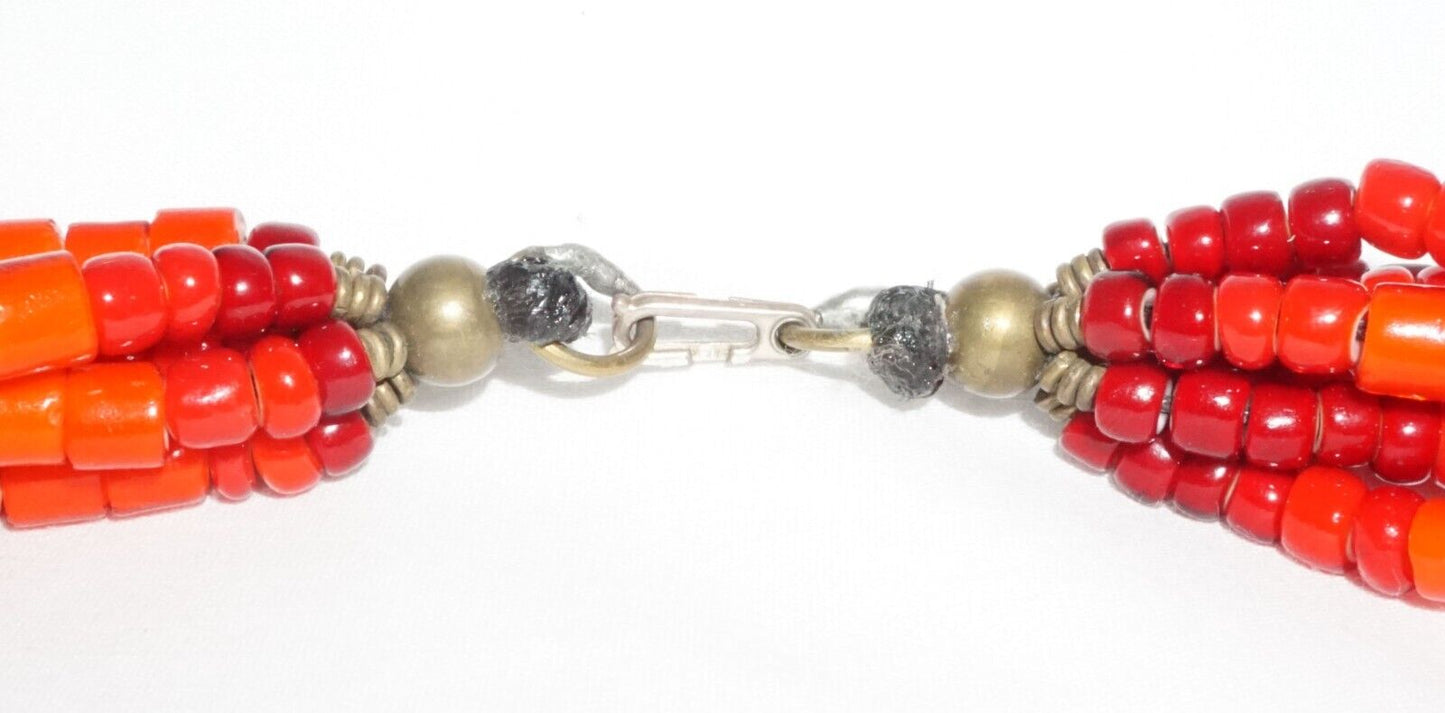 Vtg Chunky 7x Strand Red Glass Bead Necklace Bell Pendant Masha Archer (GeB)#16