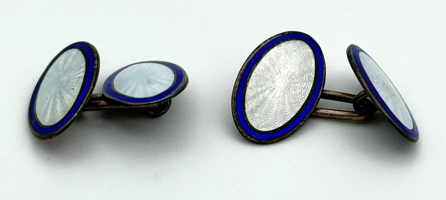 Vintage Sterling Enameled Cuff Links Blue & Silver Marked Sterling (MiM)