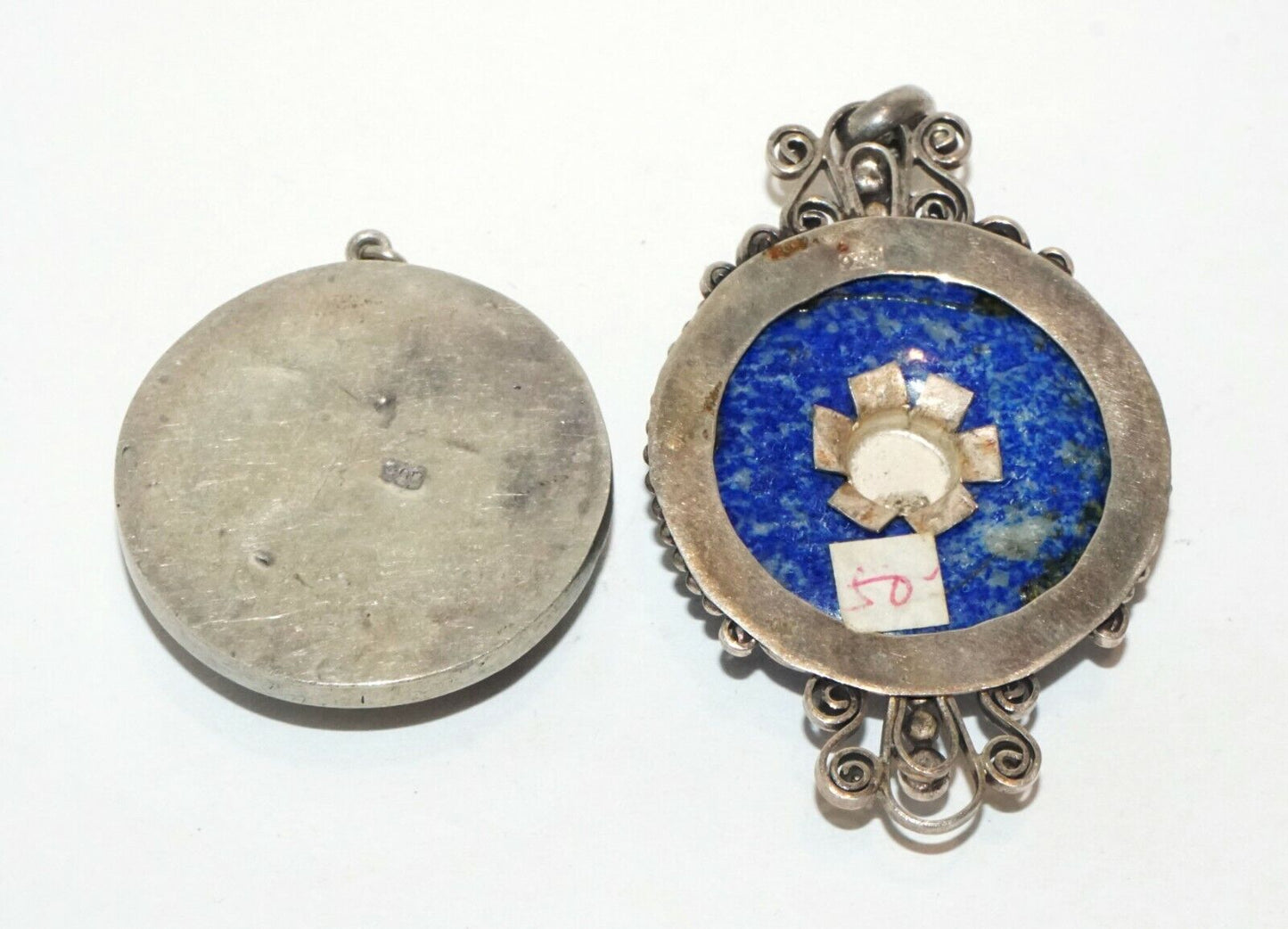 2Pc Vintage Sterling Silver Pendants w. Lapis Lazuli & Sodalite & Pearl (HaL)#18