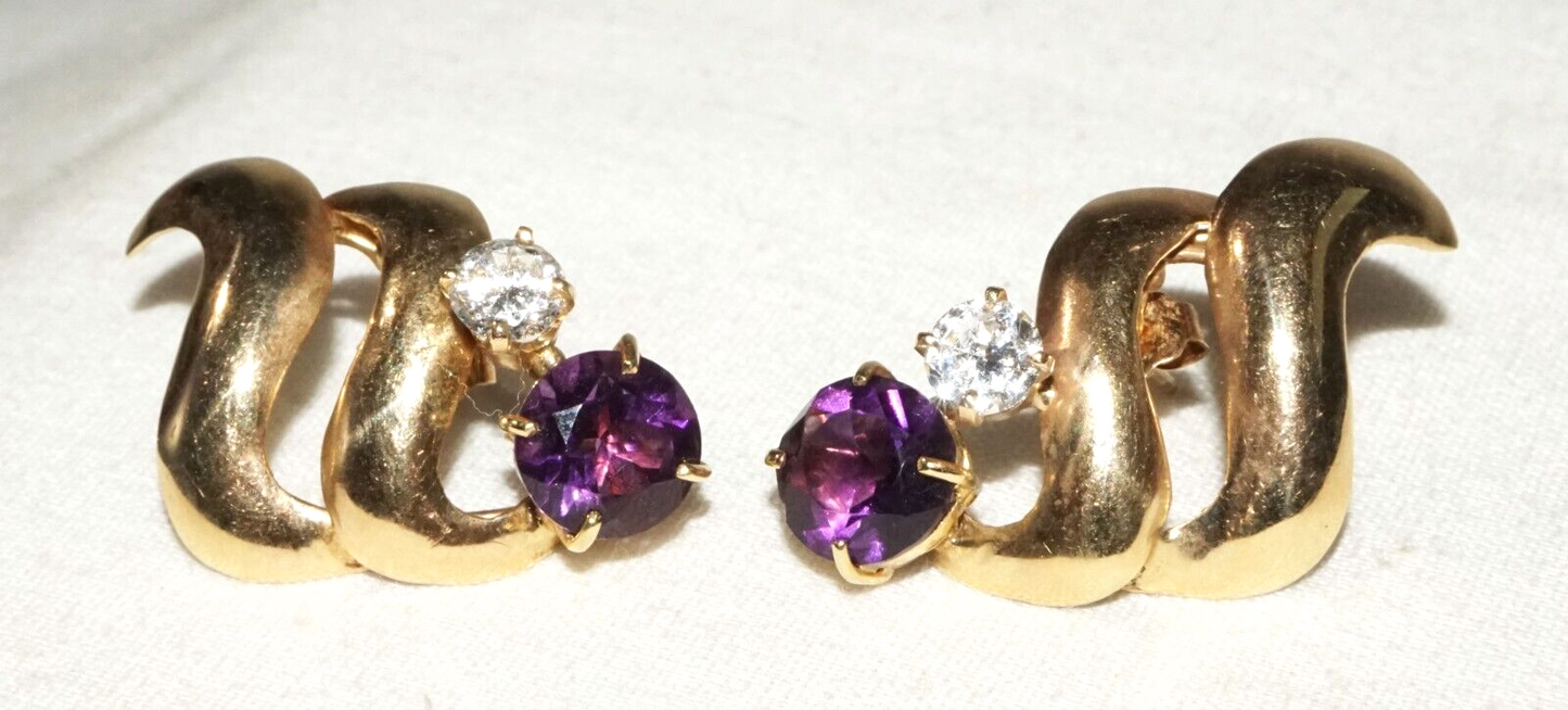 Vintage Modernist 14k Yellow Earrings 2x Amethysts & 2x Cubic Zirconia (GoB)#18b