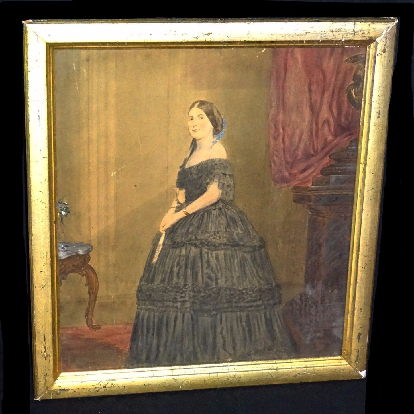 19C Victorian Gouache WC Portrait Painting Woman in Interior illegibly sign(Sto)