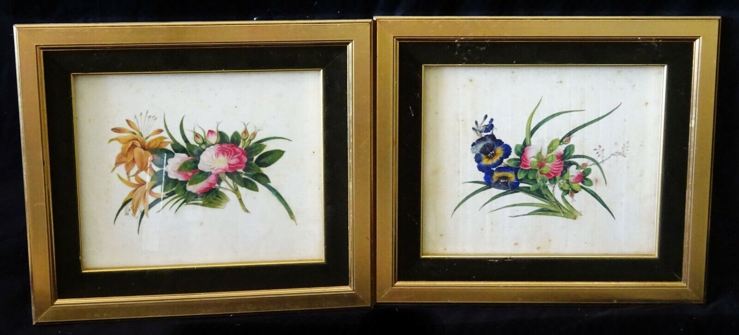 2Pc 19C Chinese Framed Export Floral Color Pith Painting Lot (AHB)