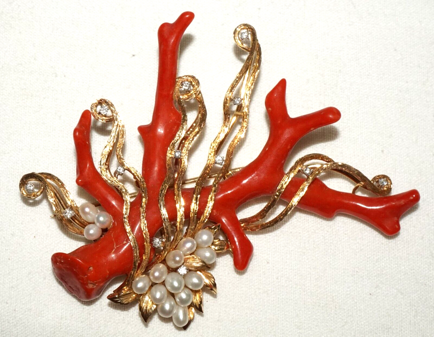 Vintage HK 14K Yellow Gold Brooch Pendant w Coral Branch Pearls & Diamonds (PaS)