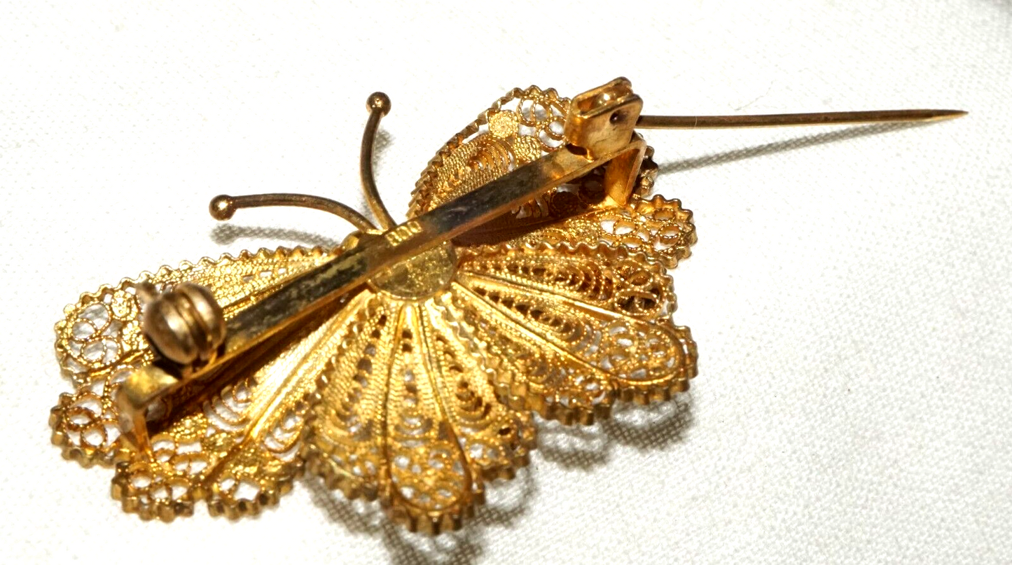 Vintage Gold-Washed 800 Silver Filigree Butterfly Brooch Pin (InS)#L1
