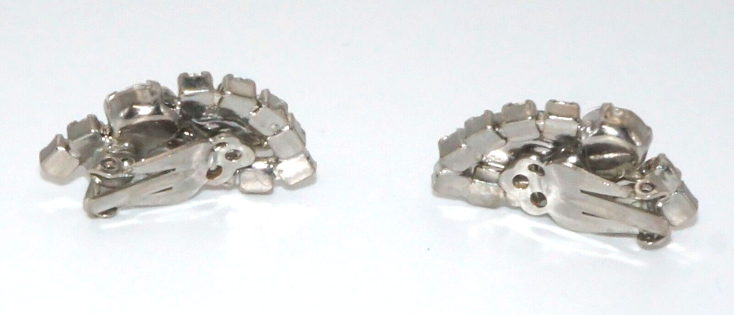Vintage Silver tone Rhinestone Clip On Earrings w Round & Marquise Stones (McC)