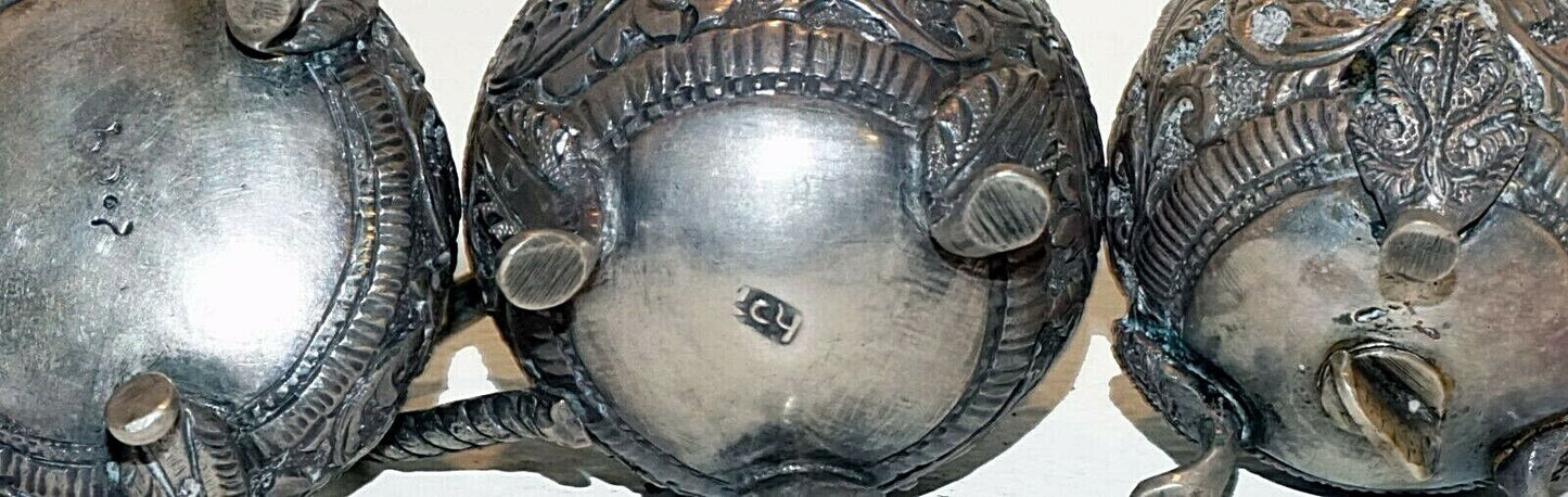 3Pc Vintage Asian Silver Mini Condiment Containers Scroll Relief Pattern (ThB)