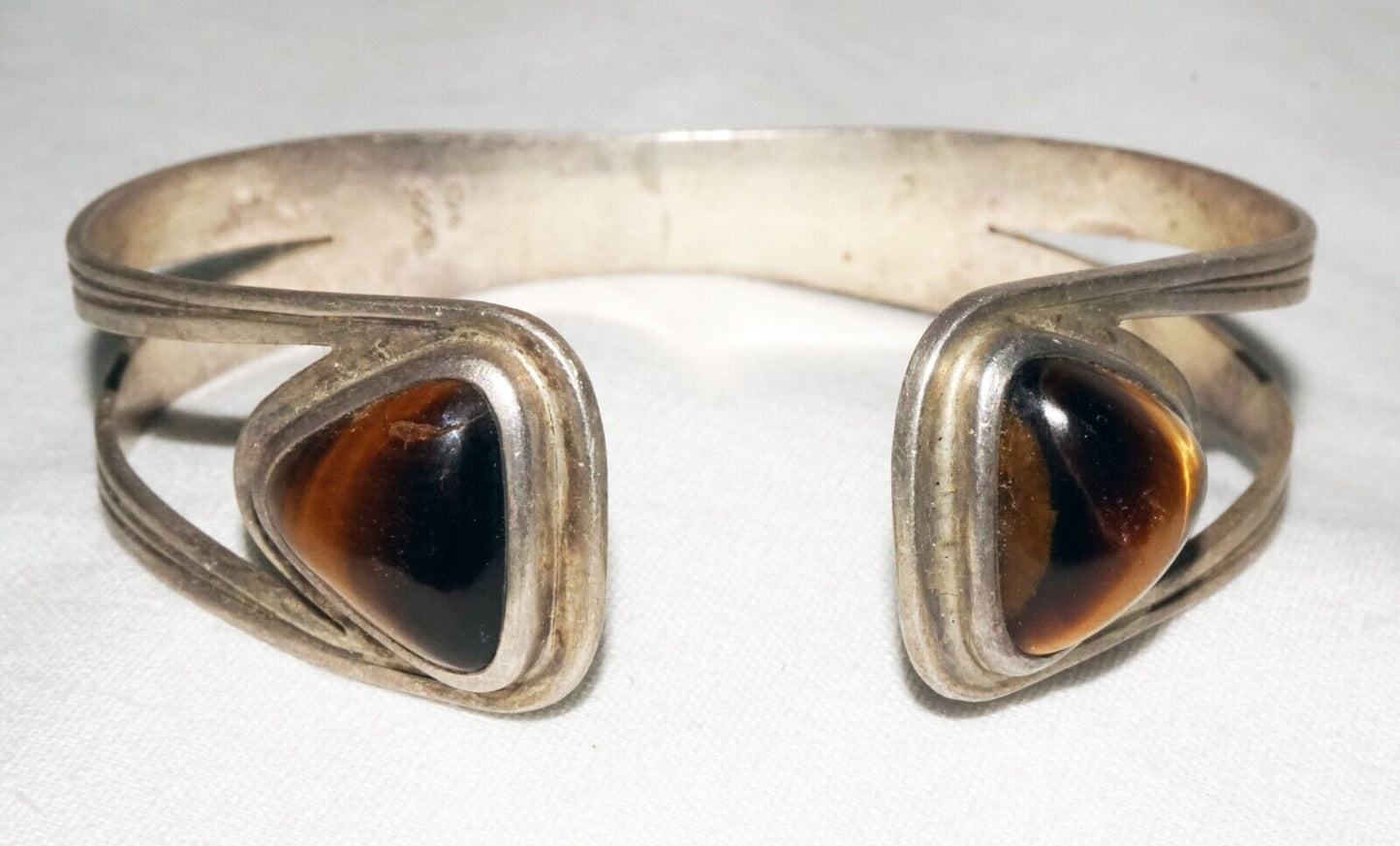Vintage Swedish Modernist Sterling Silver Cuff Bracelet w. 2x Tigereye (ShI)