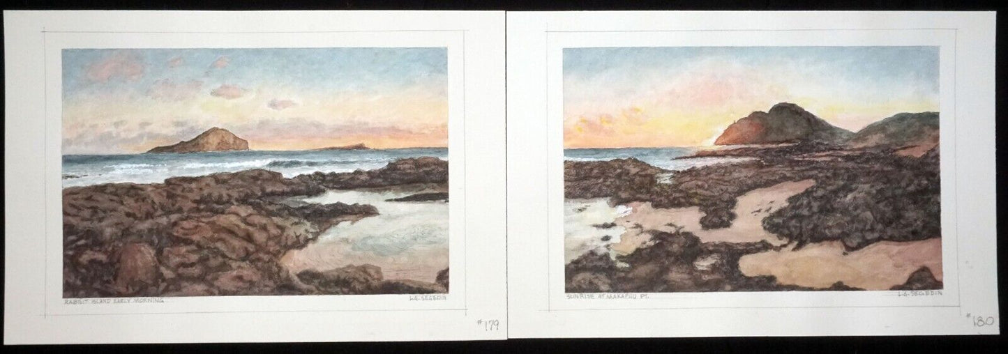 Hawaii Watercolor Diptych Painting Makapuu Rabbit Island by L. Segedin #179/80