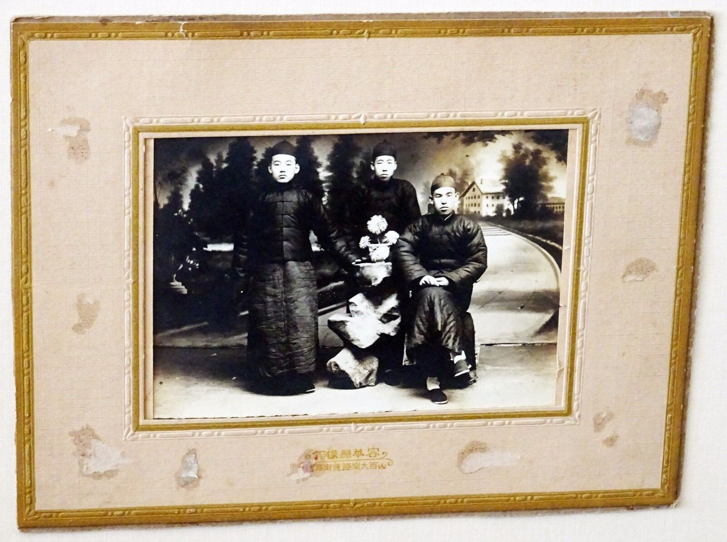 1900 Chinese Framed B&W Photo "Three Young Man" by unknown maker (Mil)