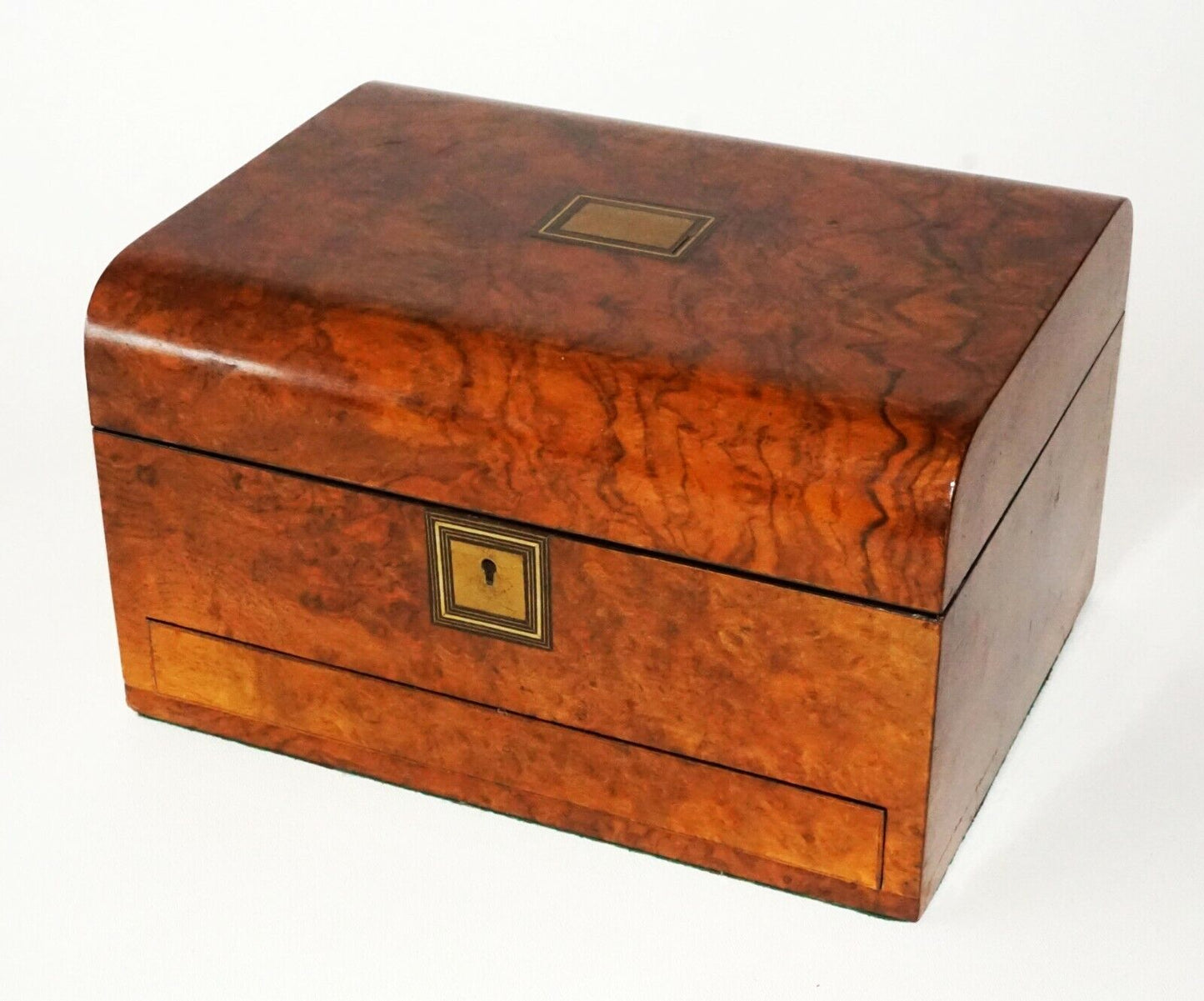 19C Irish Burl Hardwood Hinged Top Vanity Personal Chest w. Crystal Bottles(FLA)