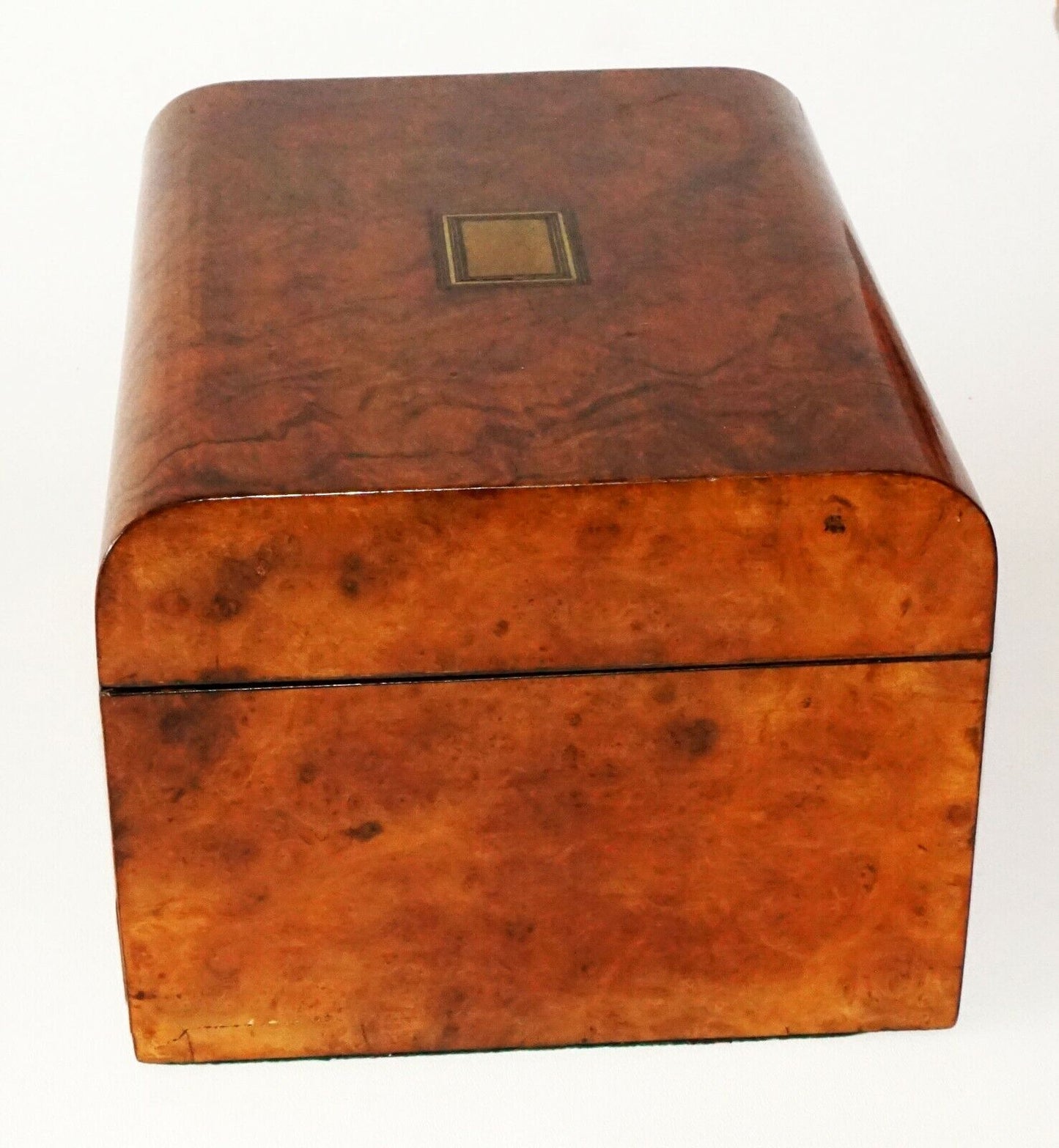 19C Irish Burl Hardwood Hinged Top Vanity Personal Chest w. Crystal Bottles(FLA)