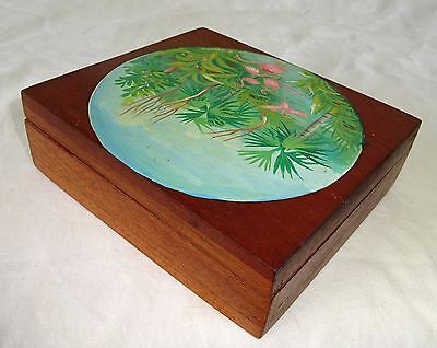 1980s Haitian Mahogany Covered Box w Painted Pelican Motif by R. Dupiton (Stea)