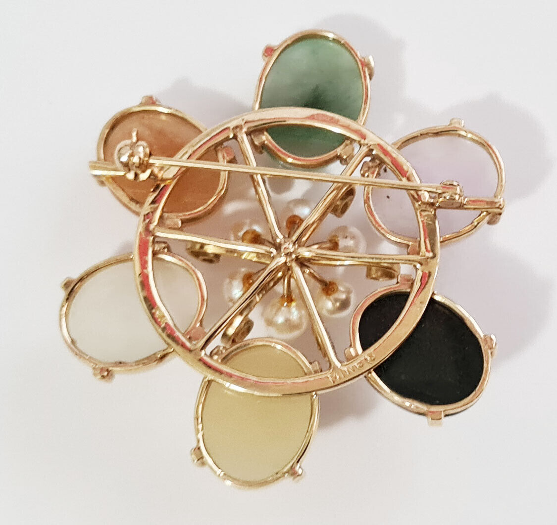 Chinese 14k Yellow Gold Brooch 5+1x Multicolor Jades & 7x Pearls Ming's (NaD)#6a