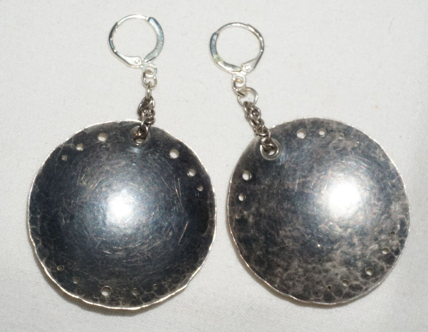 Pair Vintage Sterling Silver Hammered Finish Pierced Disk Earrings (JoD)