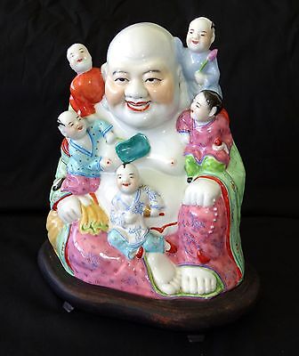 20CT Chinese Porcelain Buddha w. Children in Famille Rose w Stand (Won) IC