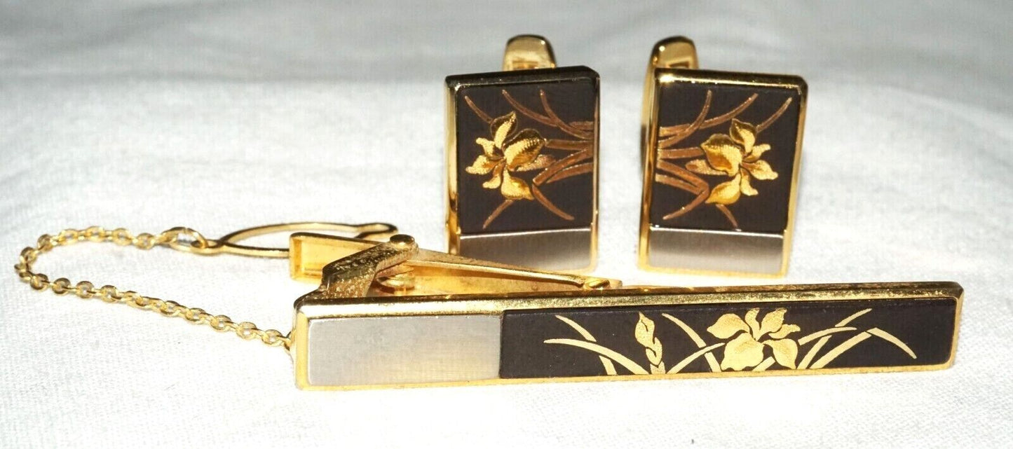 3Pc Japanese 18k Gold Plated Tie Clasp & Cufflinks w. Lacquer Flower Motif (OdC)