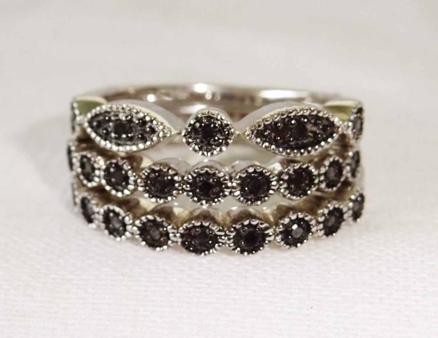 3x Vintage Sterling Silver Rings Sz 5.25 set w. Black Diamonds (Ng)