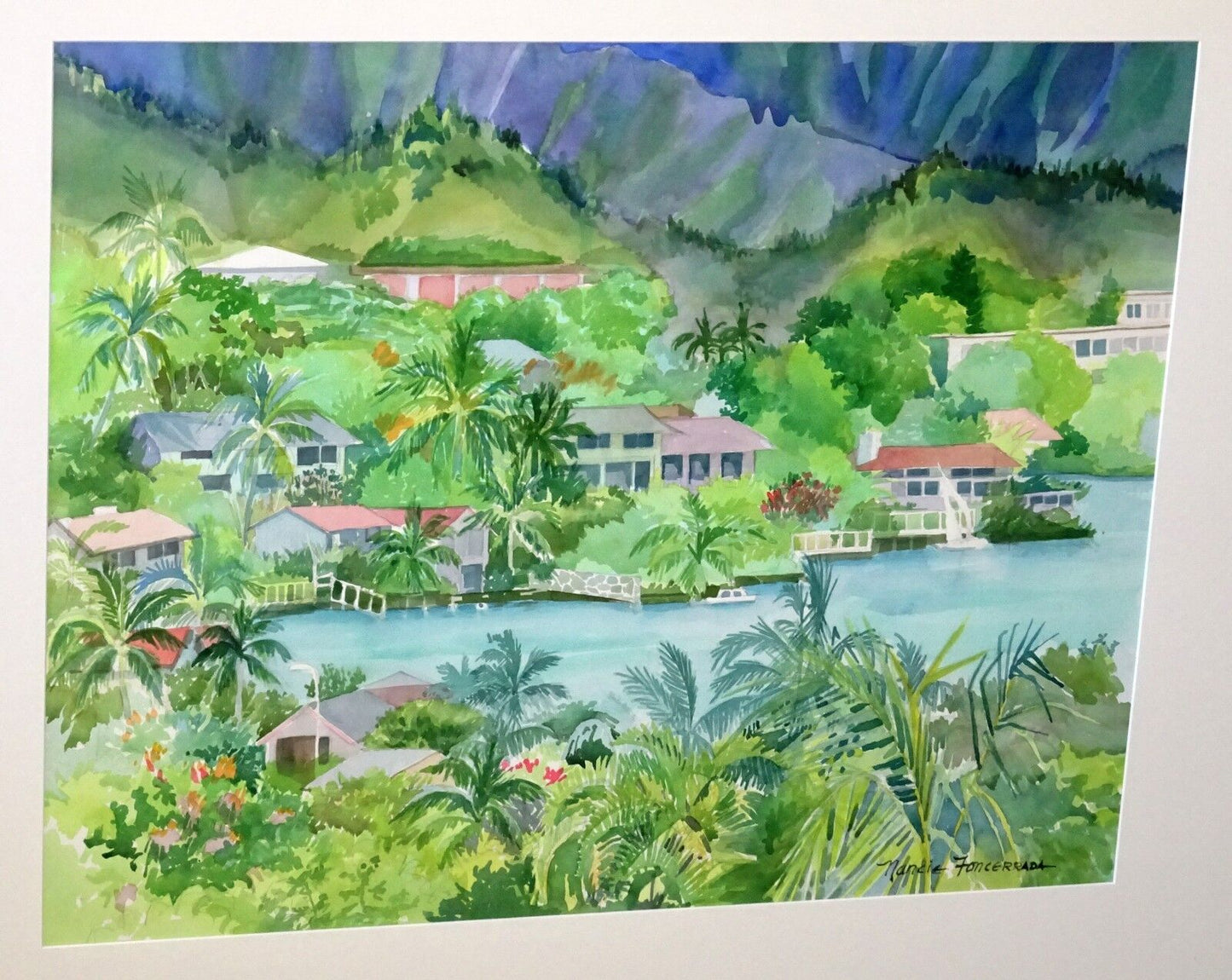 1990s Hawaii WC Painting "Windward Oahu Bay View" by Nancy Foncerrada (MoJ)