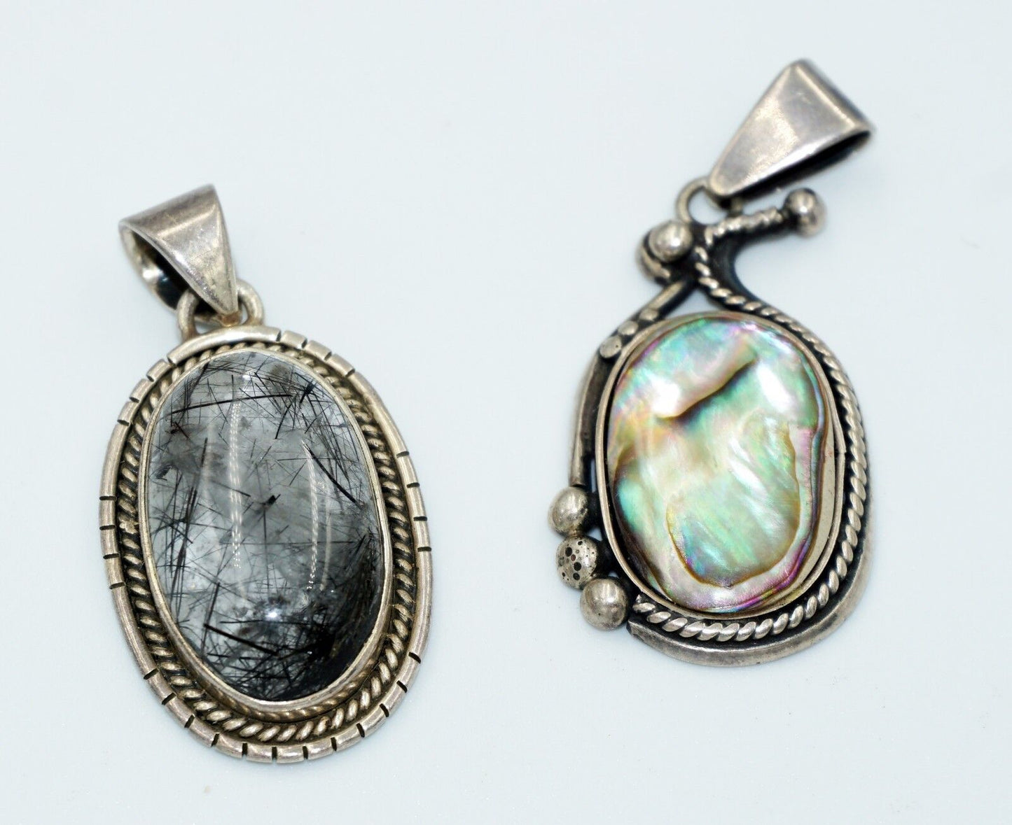 2x Vintage Sterling Silver Pendants w Hair Crystal & Abalone Shell Accents (Tra)