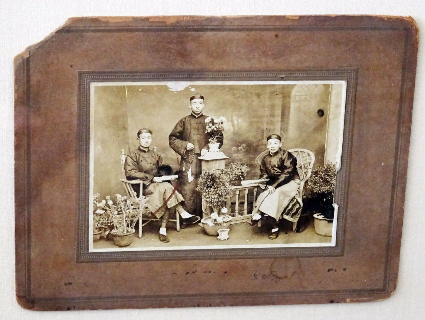 1900 Chinese Framed B&W Photo "Three Brothers in Robes" by unmarked (Mil) #7805