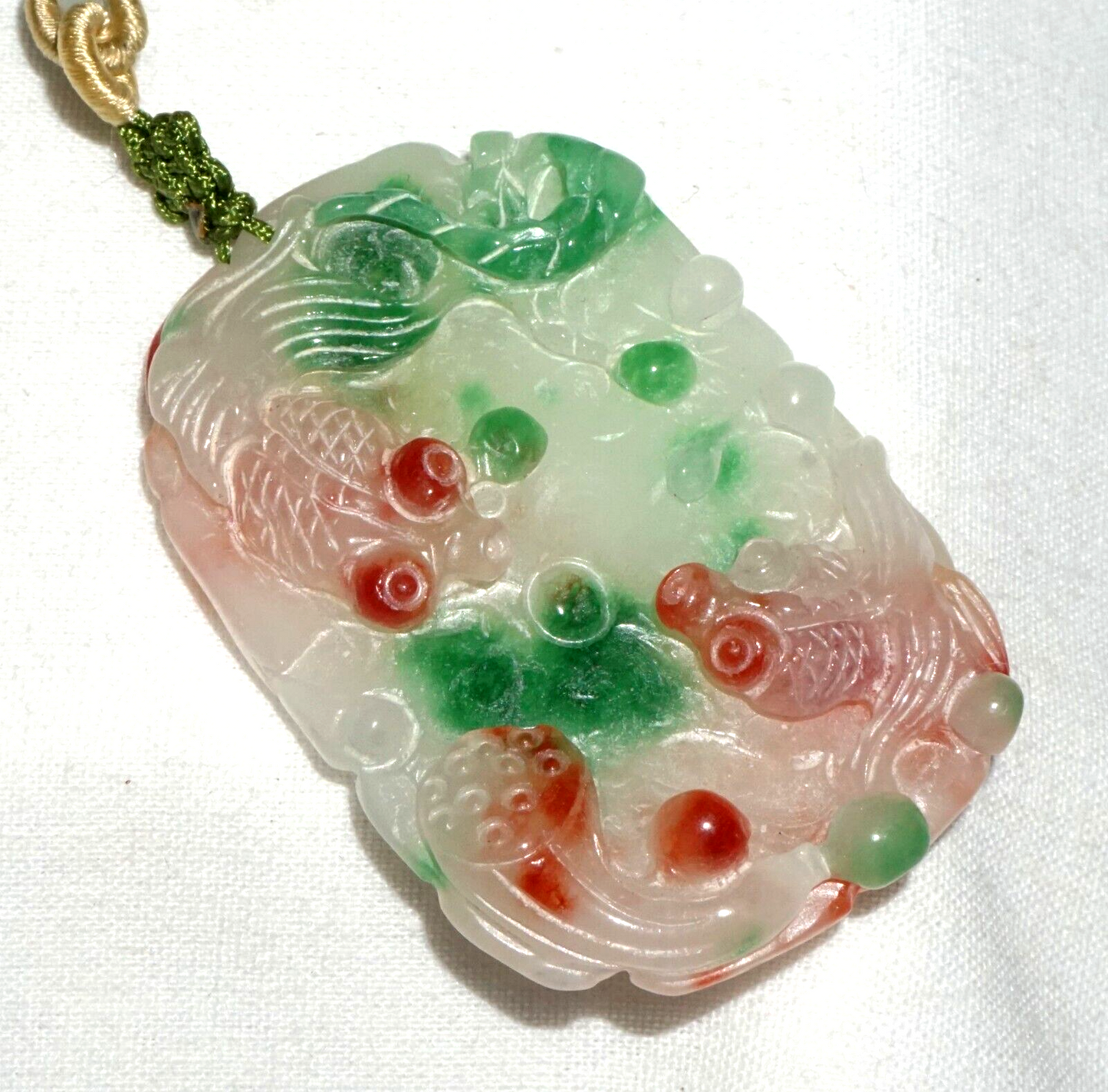 Vintage Chinese Semi Translucent Jadeite Jade Pendant w. Goldfish Motifs (---)