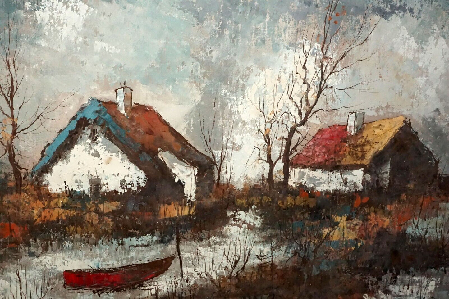 Vintage French Unframed Oil Painting Farm Houses & Boat illegibly signed (HoL)
