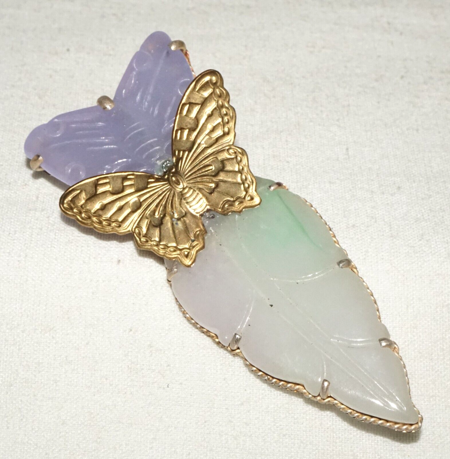 Vintage Chinese Fashion Lavender Jade Butterfly & Leaf Brooch Pendant (LeP)