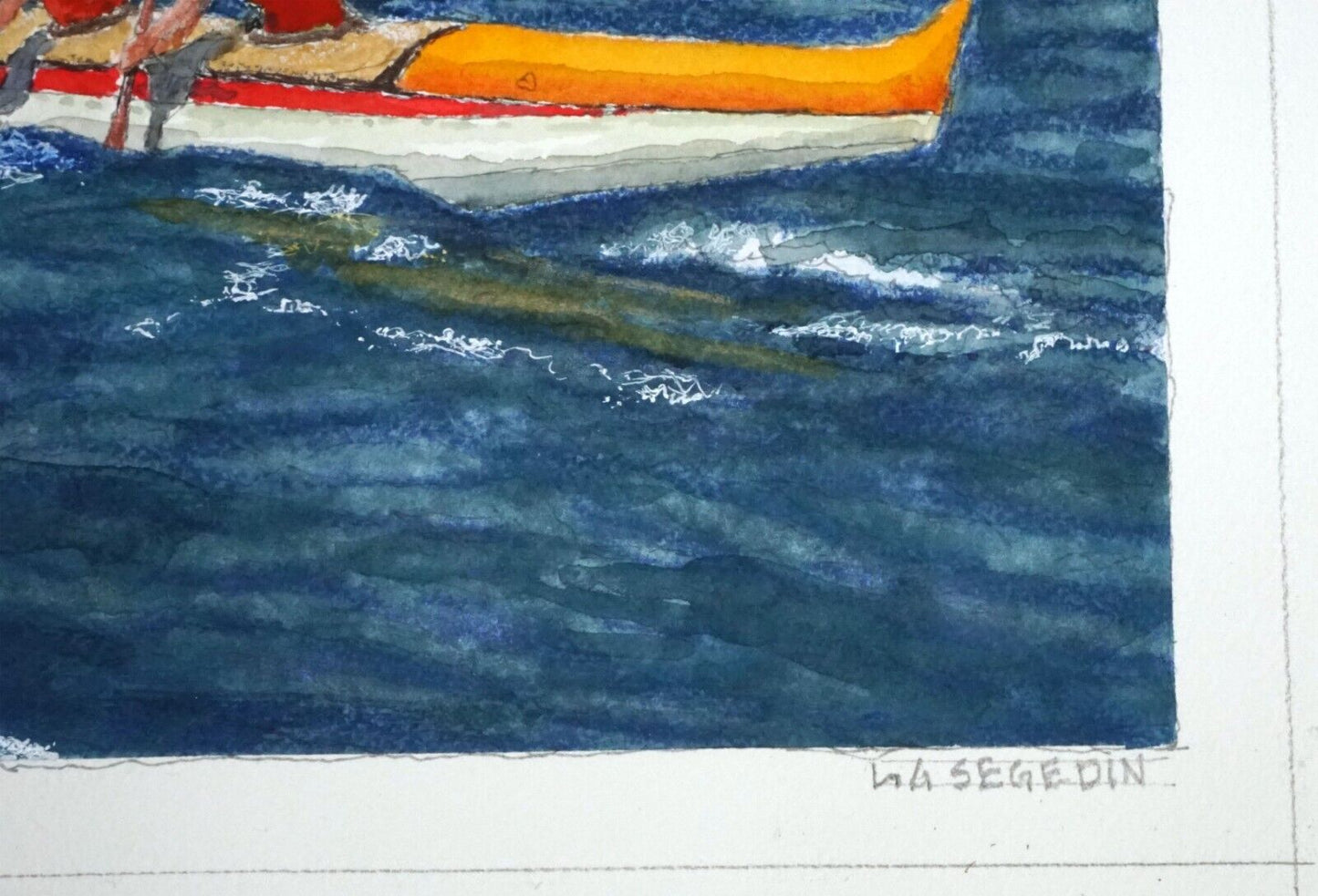Hawaii Watercolor Painting Woman Paddlers Rounding Diamond Head L. Segedin #193