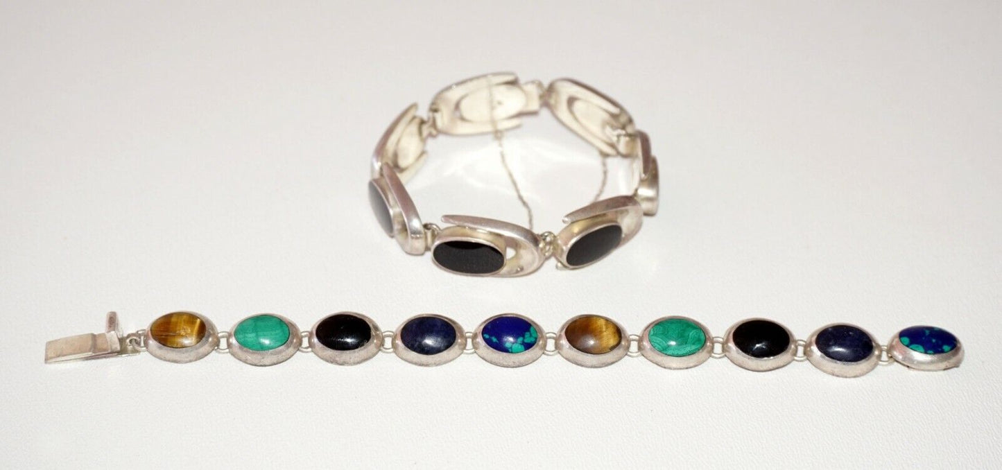 2Pc Modernist Sterling Silver Bracelets Onyx Turquoise Lapis Tigereye (NoN)B20