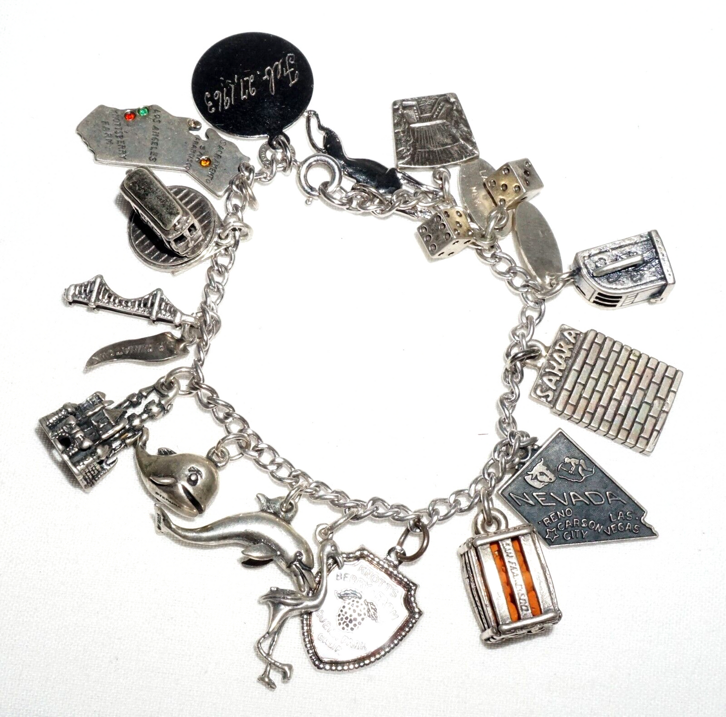 Vintage Sterling Silver Charm Bracelet w. 16x Travel & City Charms (BrM)#6