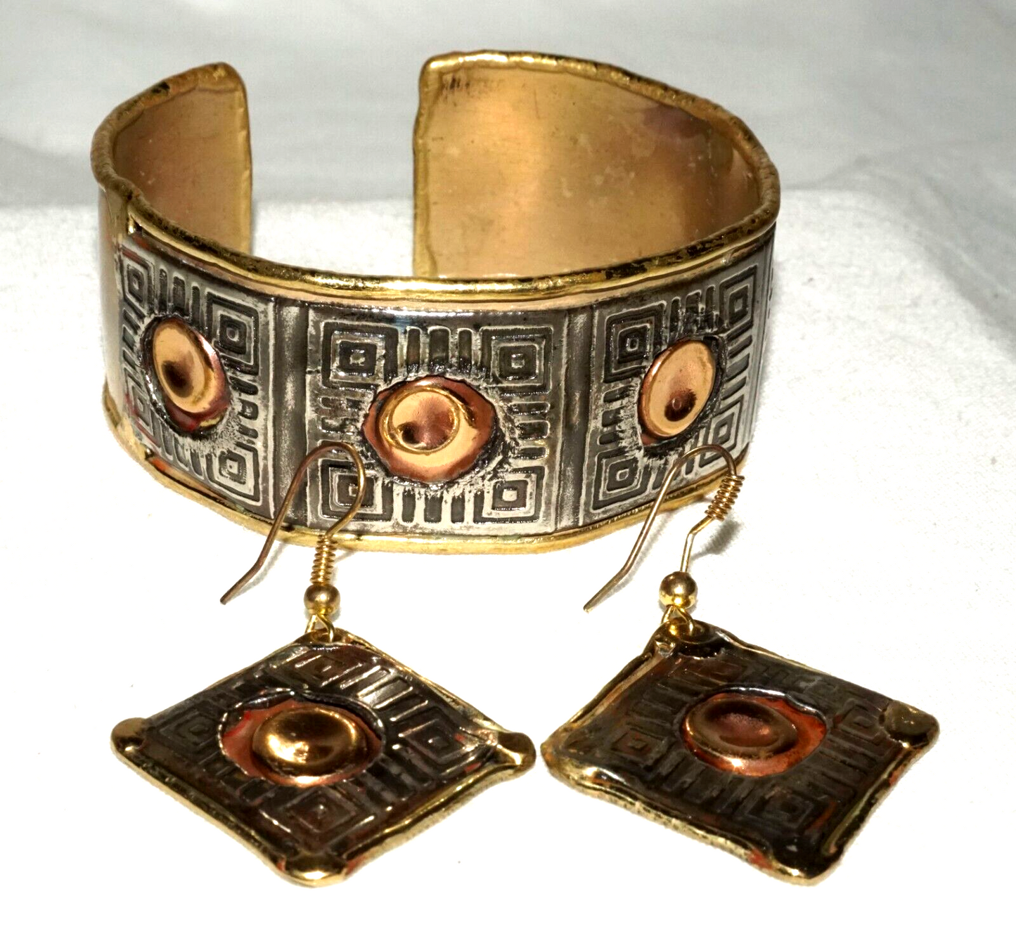 3Pc Modernist Silver & Copper & Brass Handmade Earrings & Bracelet (KoS) L13/19