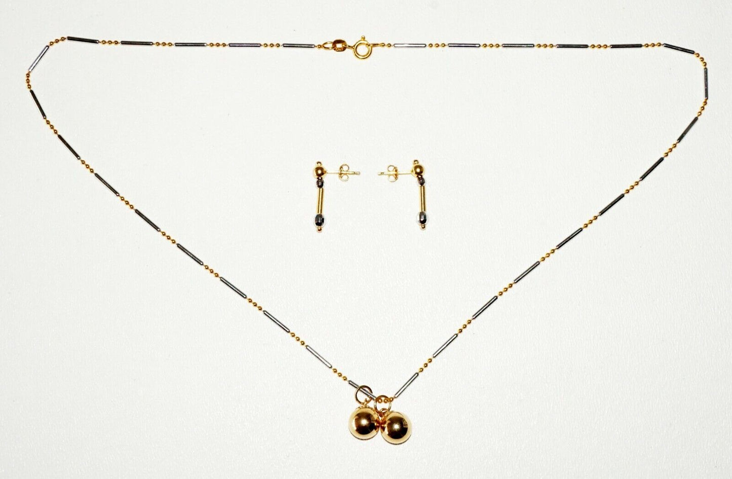 3Pc Vintage Italy 14K Yellow & White Gold Bead Necklace & Earrings Set (SaR)#188