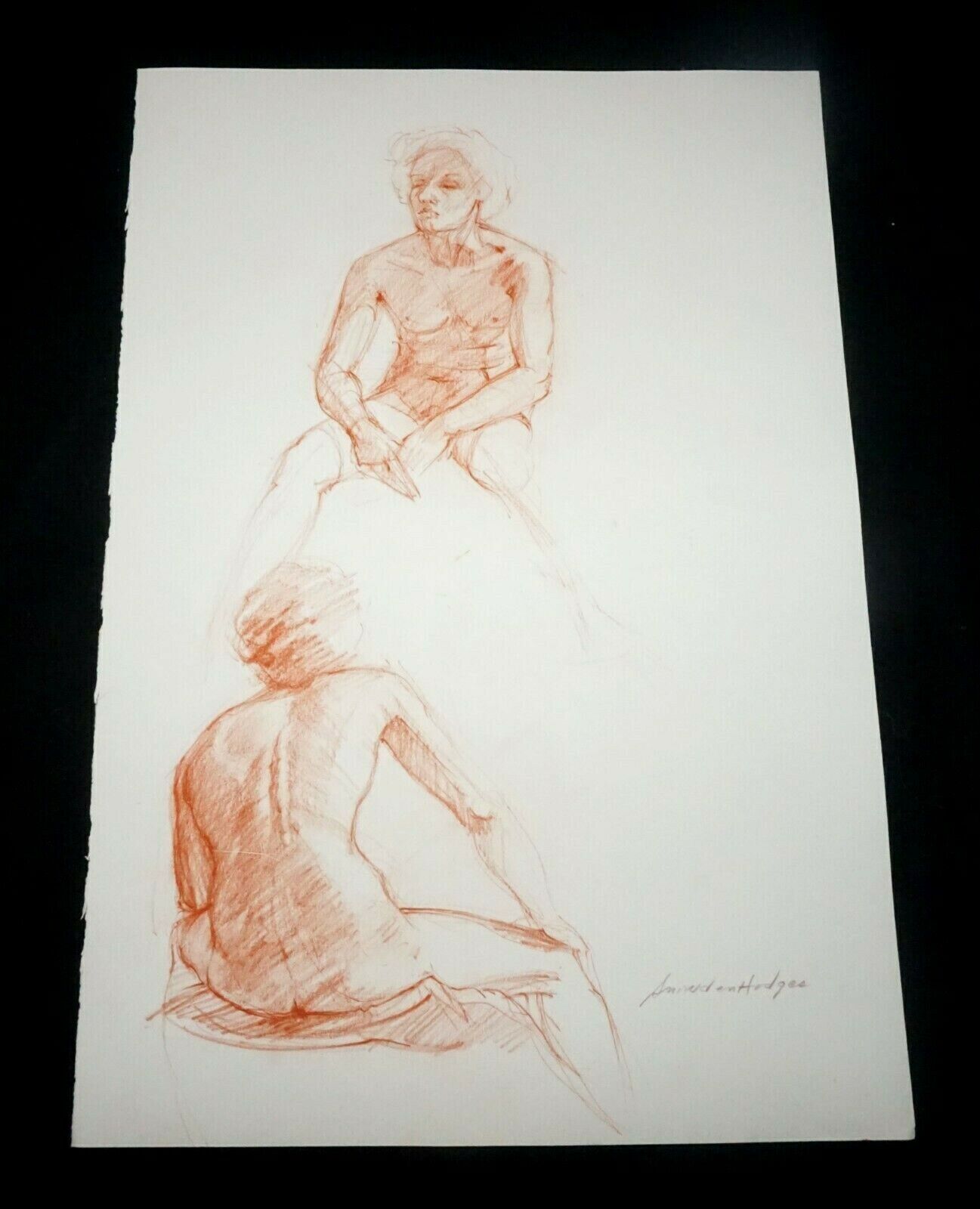 Hawaii Conte Crayon Drawing Seated Male Nude Back View Snowden Hodges (Sho)#28