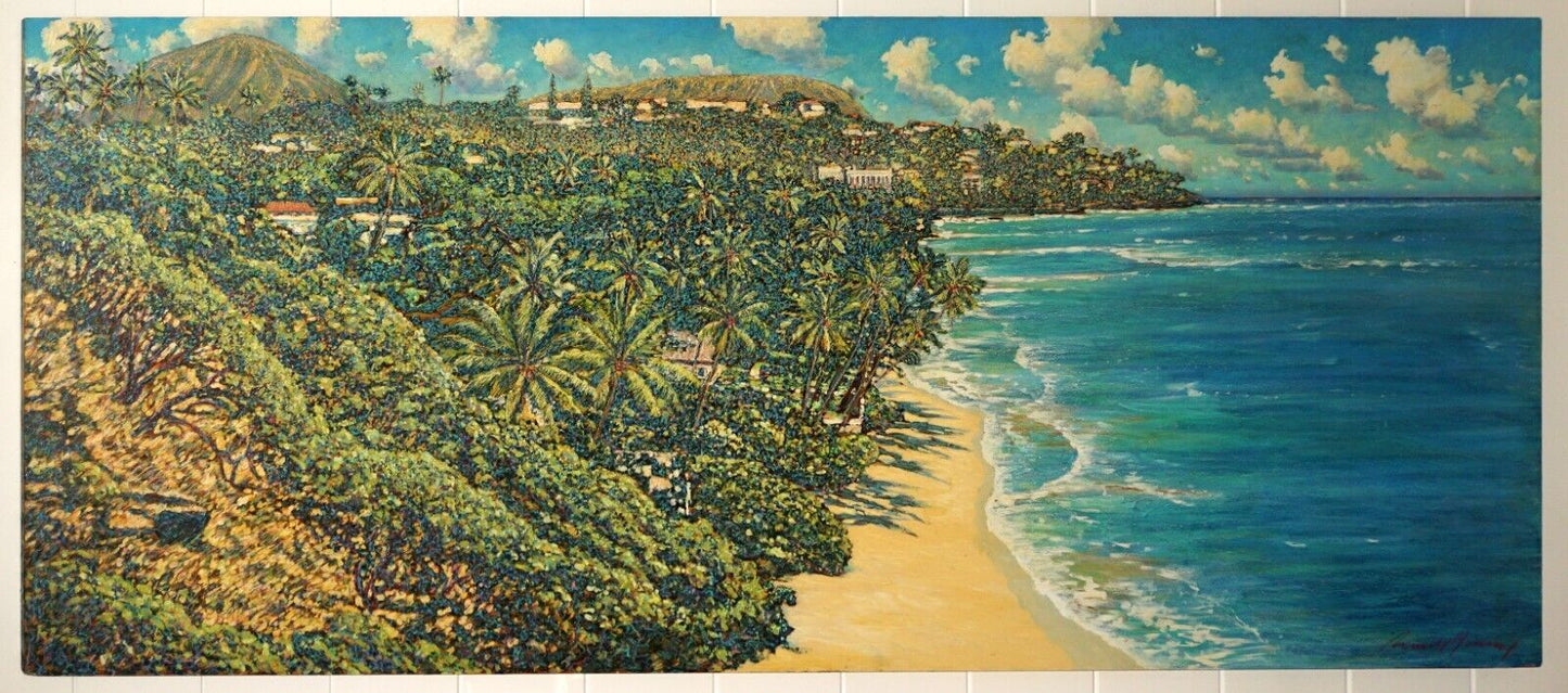 Hawaii Oil Pastel Painting 36"x84" Diamond Head Beach to by Russell Lowrey (BrS)