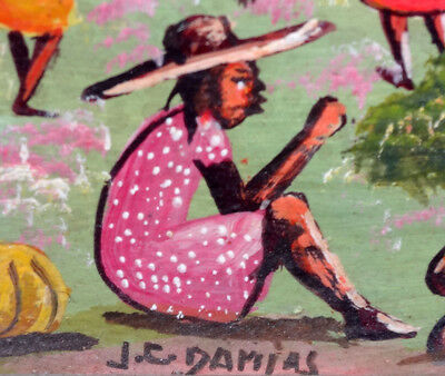 1980's Haitian Acrylic Miniature Painting "Harvest People" by J.C. Damias (Stea)